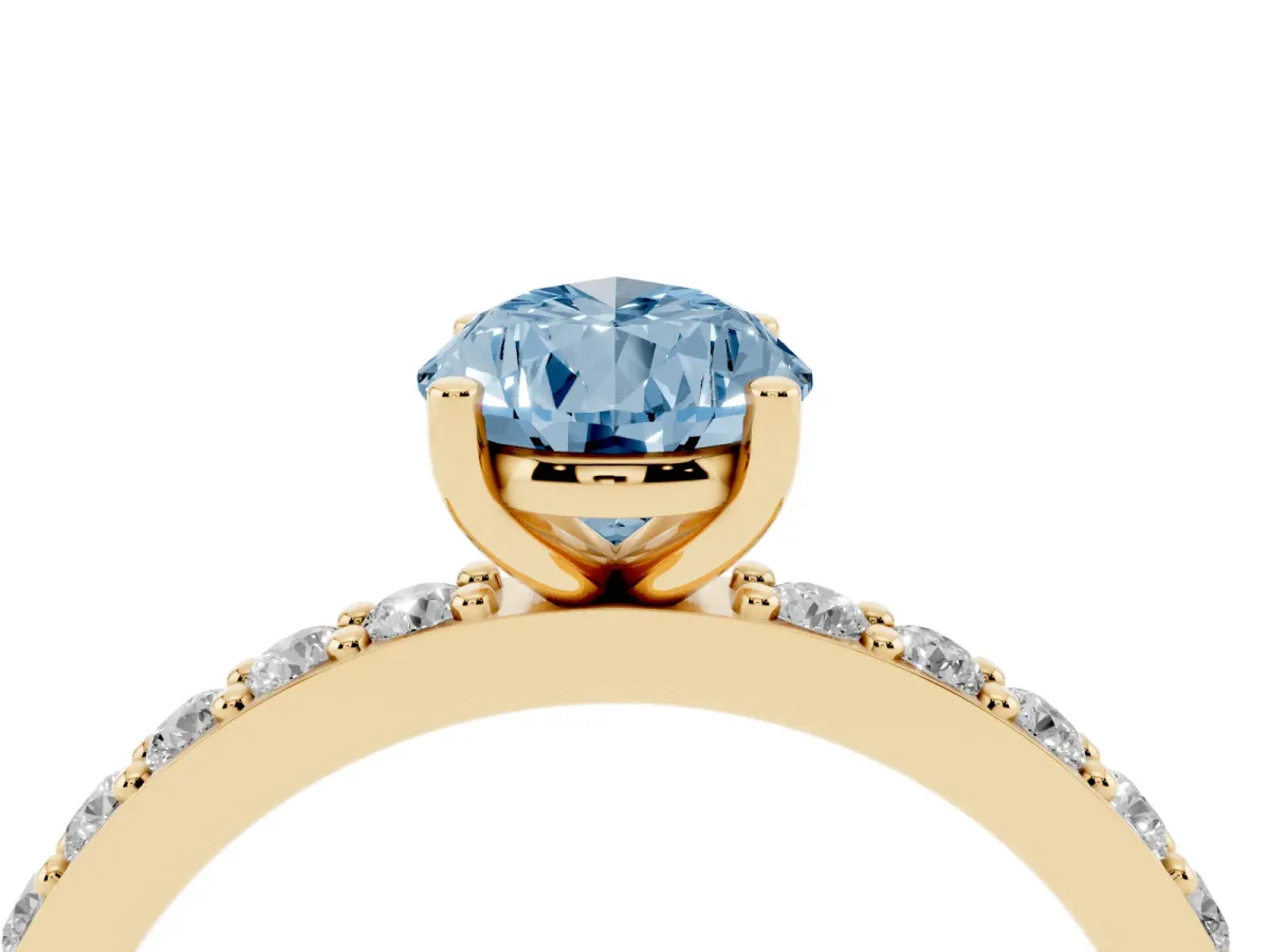 Fancy Blue Pear Cut Cut Diamond Solitaire with Pave Band and Four-Prong Setting Yellow gold