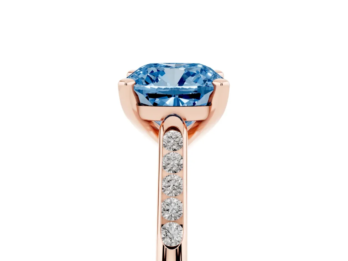 Fancy Blue Cushion Cut Diamond Solitaire Ring with Channel Set Round Band and Prong Setting Rose gold
