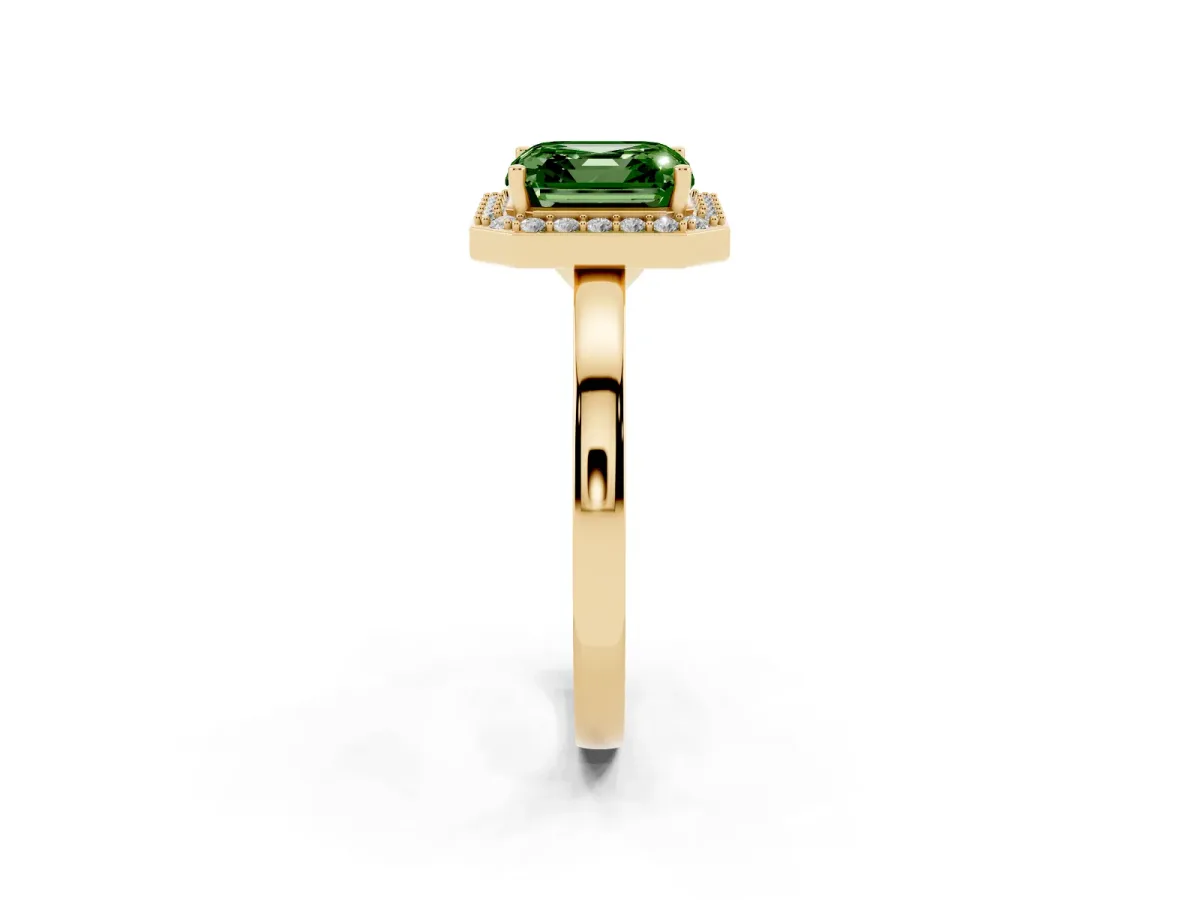 Fancy Green Asscher Cut Halo Diamond Ring with Solitaire Band and Prong Setting Yellow gold
