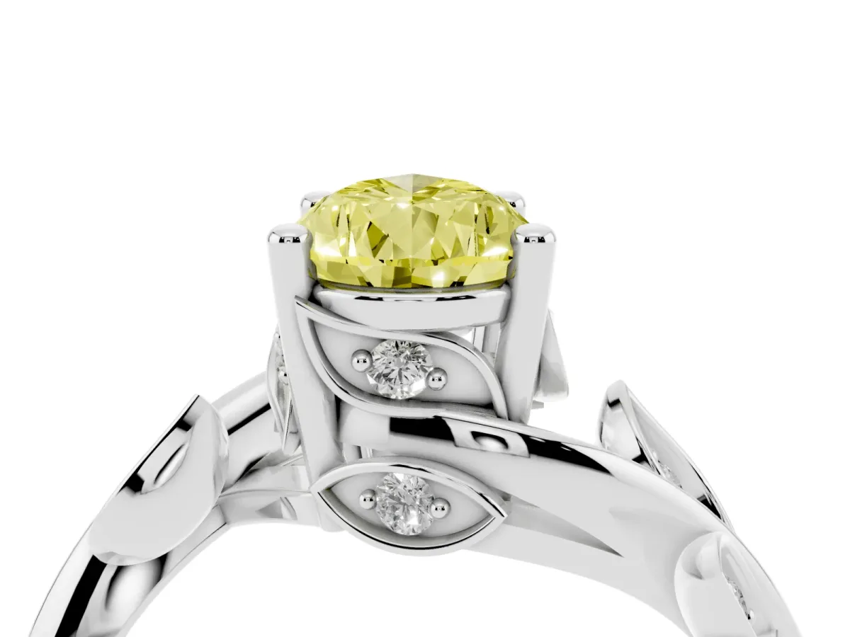 Fancy Yellow Pear Cut Solitaire Twist Engagement Ring with Leaf Accents and Prong Setting Silver