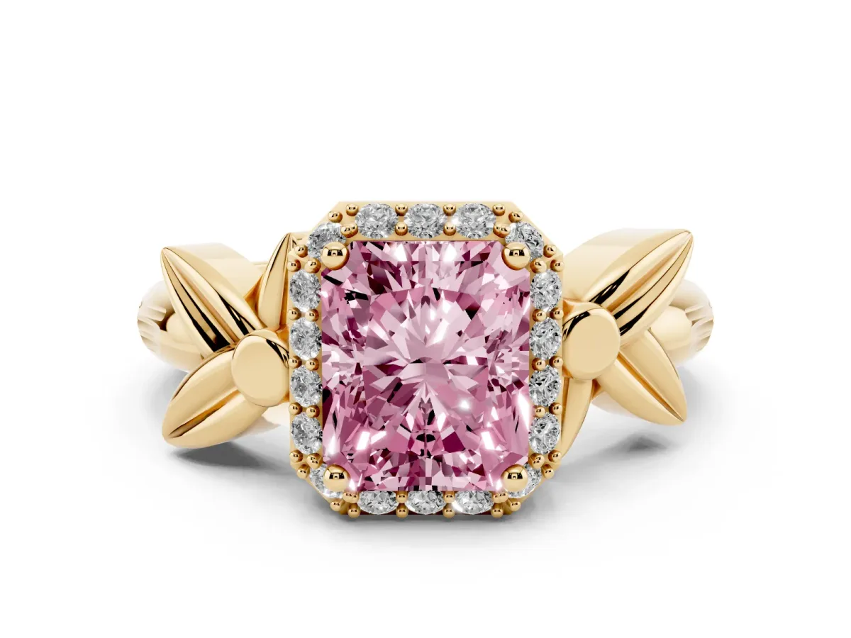 Fancy Pink Radiant Cut Halo Diamond Floral Band with Four-Prong Setting Yellow gold