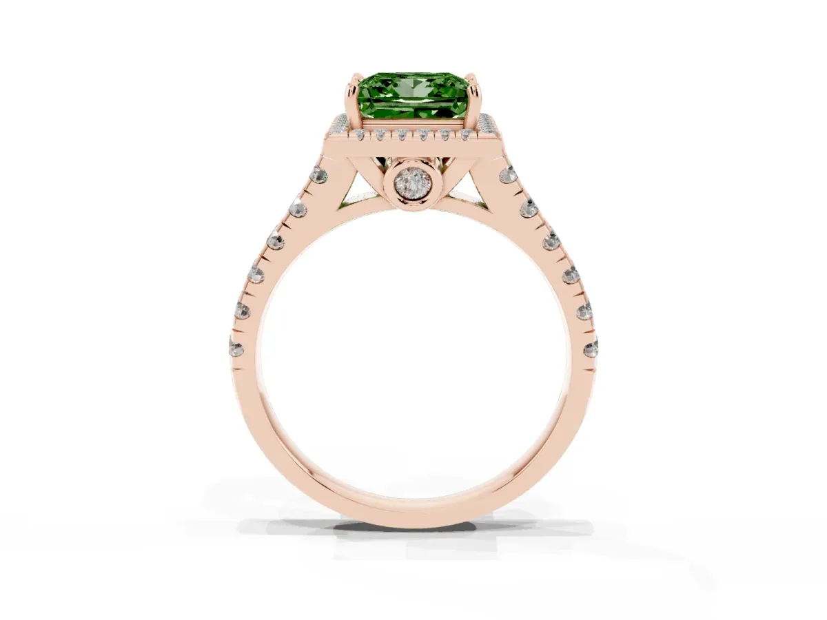 Fancy Green Princess Cut Halo Pavé Diamond Engagement Ring with Four-Prong Setting Rose gold