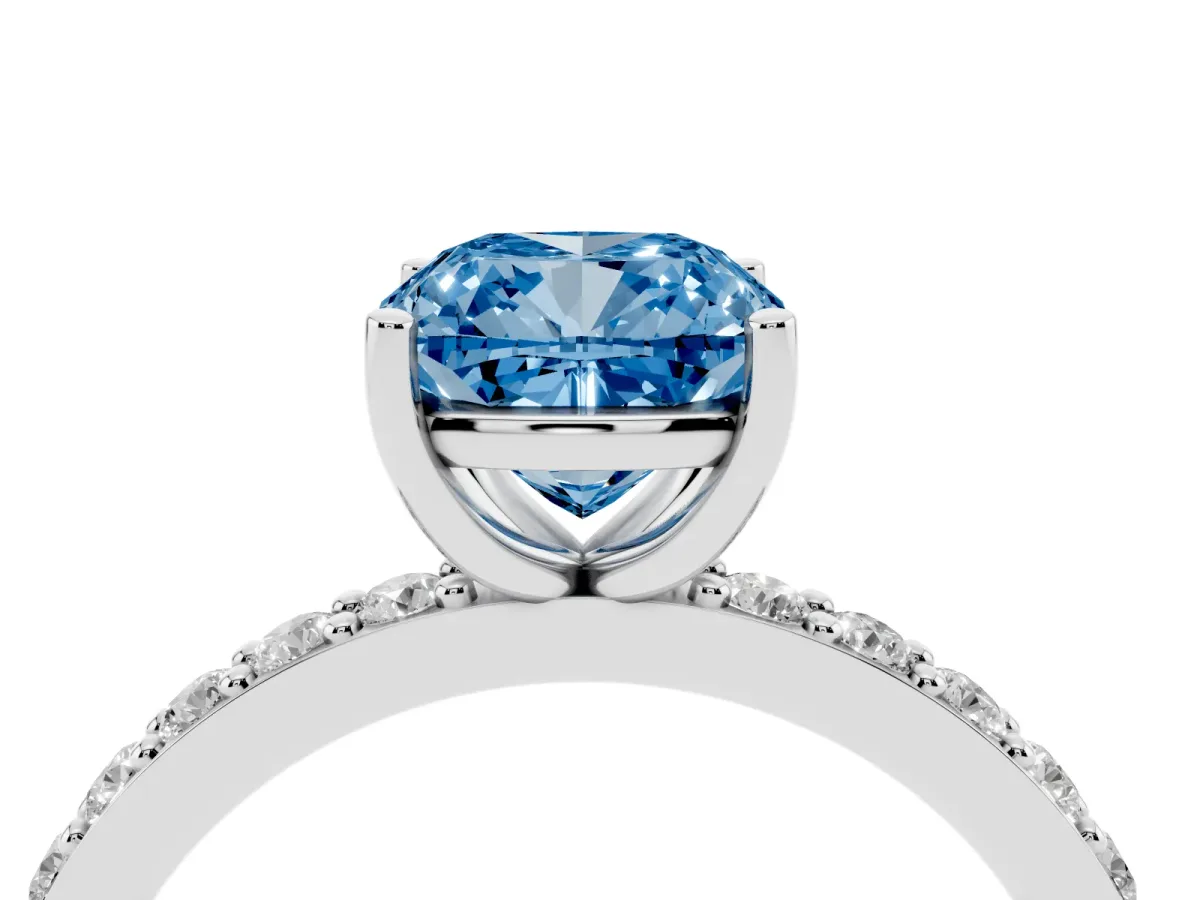 Fancy Blue Cushion Cut Cut Diamond Solitaire with Pave Band and Four-Prong Setting Silver