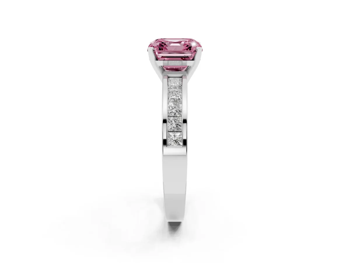 Fancy Pink Asscher Cut Solitaire Diamond Ring with Channel-Set Band and Four-Prong Setting Platinum