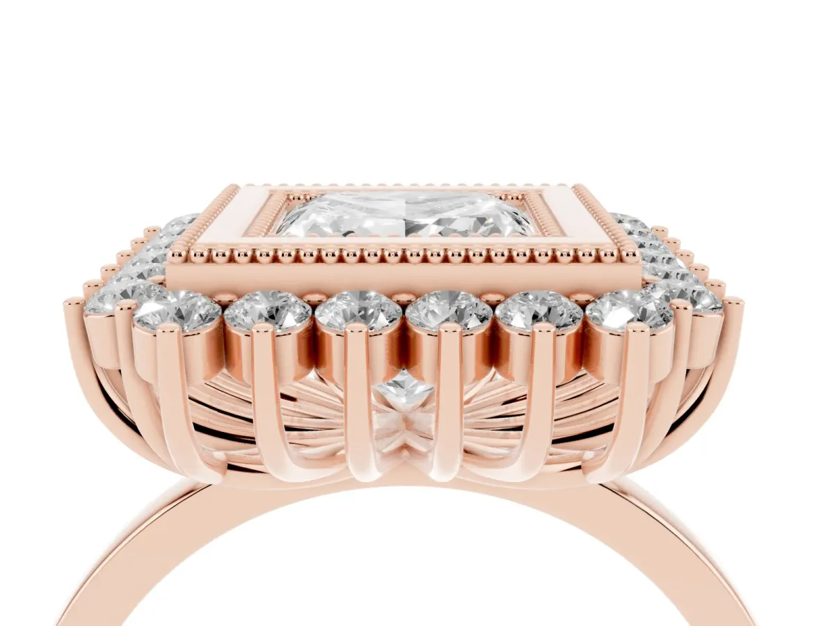 Princess Cut Halo Diamond Ring with Milgrain Edge and Round Prong Setting Rose gold
