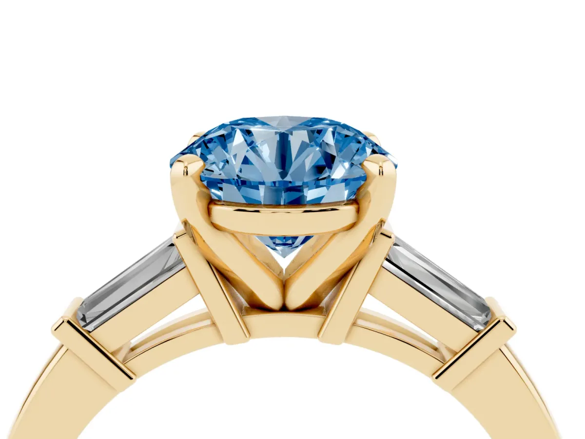 Fancy Blue Round Cut Cut Diamond Solitaire Ring with Tapered Baguette Accents and Four-Prong Setting Yellow gold