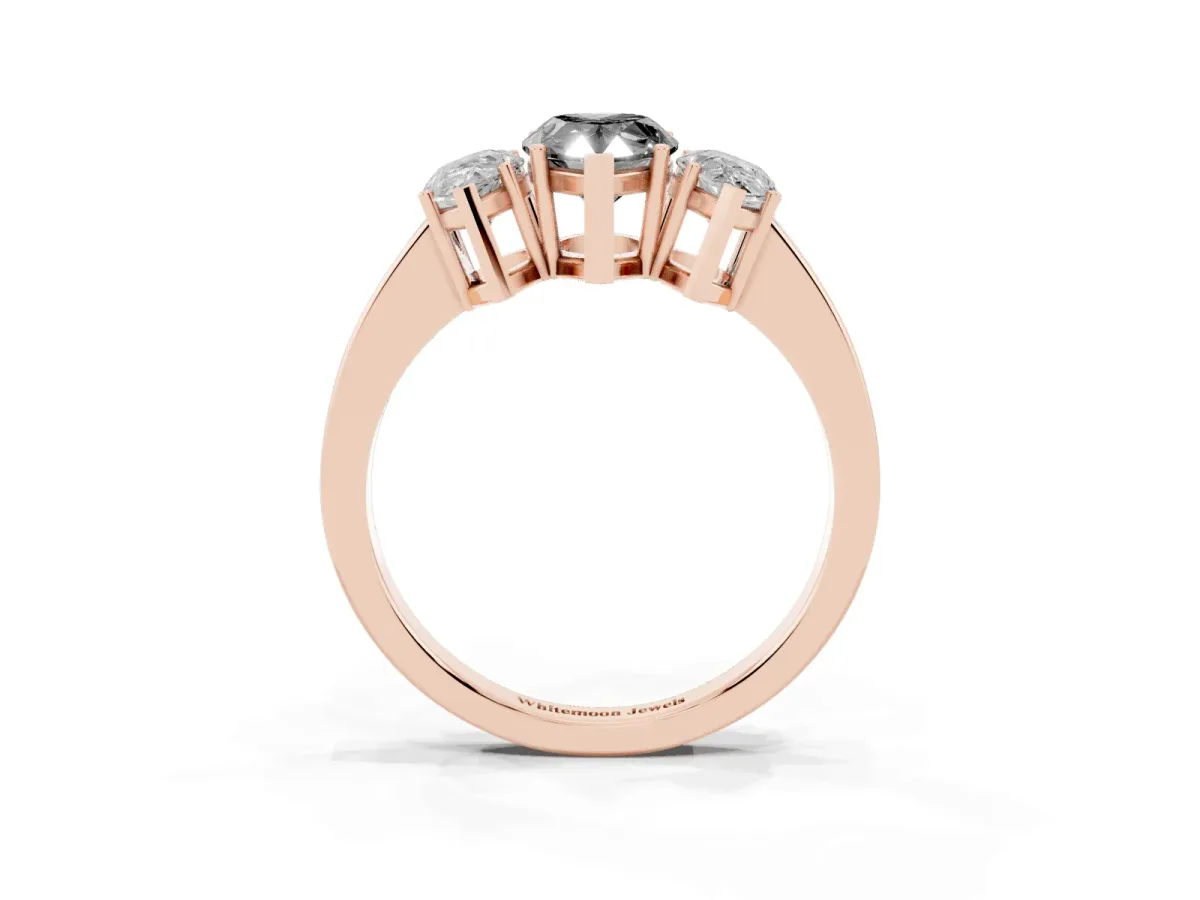 Fancy Black Three-Stone Pear Cut Cut Diamond Engagement Ring with Flat Band and Four-Prong Setting Rose gold
