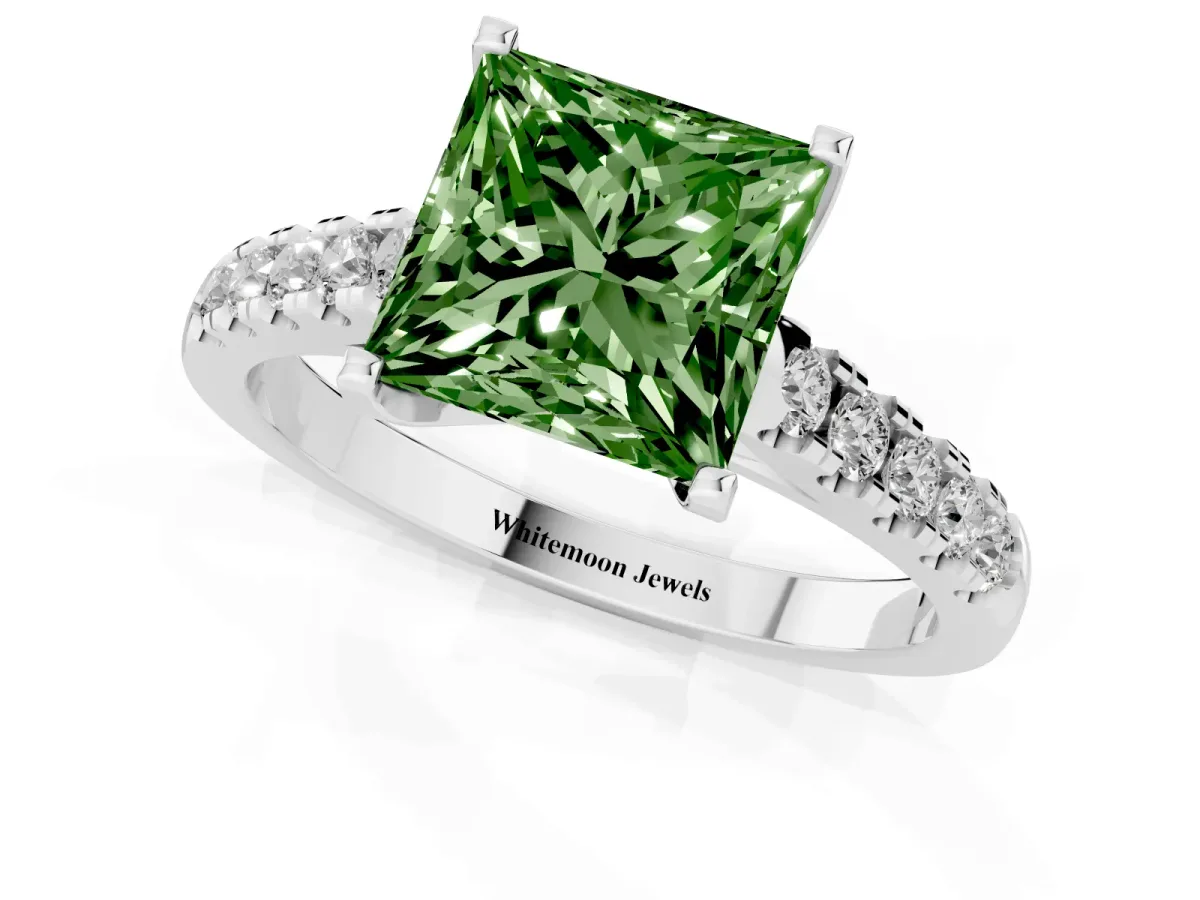 Fancy Green Princess Cut Diamond Pavé Band Solitaire Ring with Prong Setting Silver