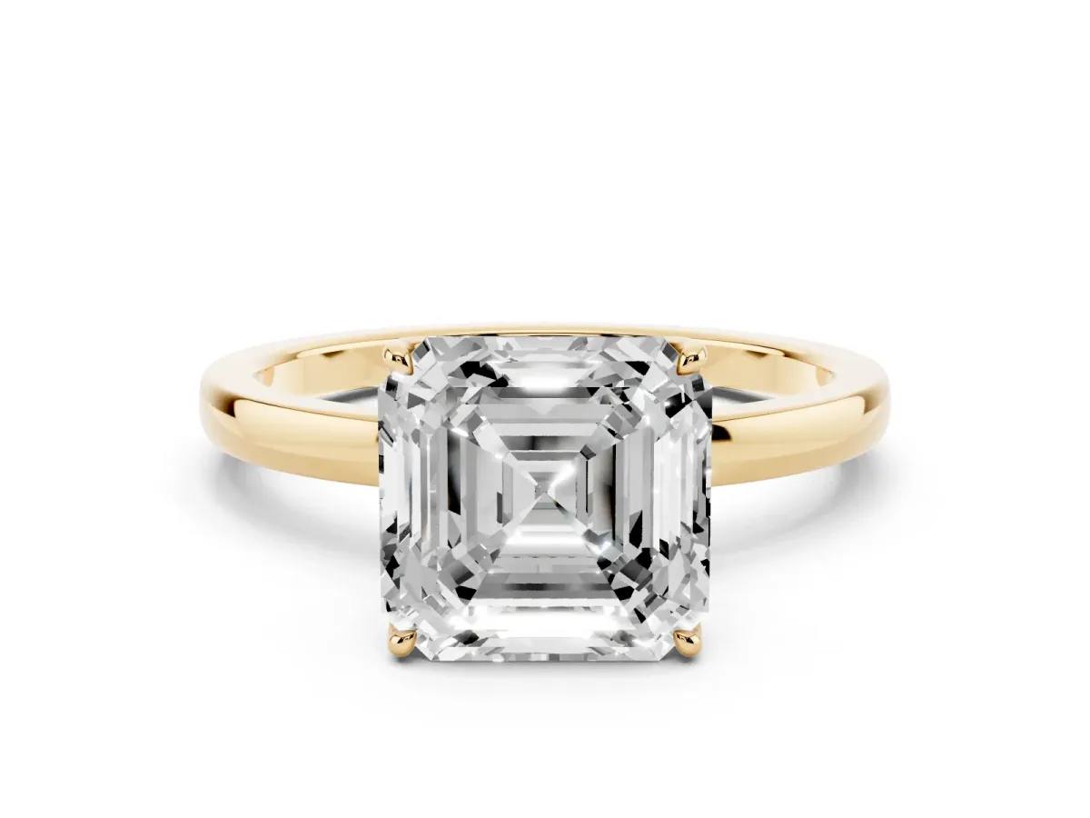 Asscher Cut Diamond Solitaire Ring with Thin Band and Prong Setting Yellow gold