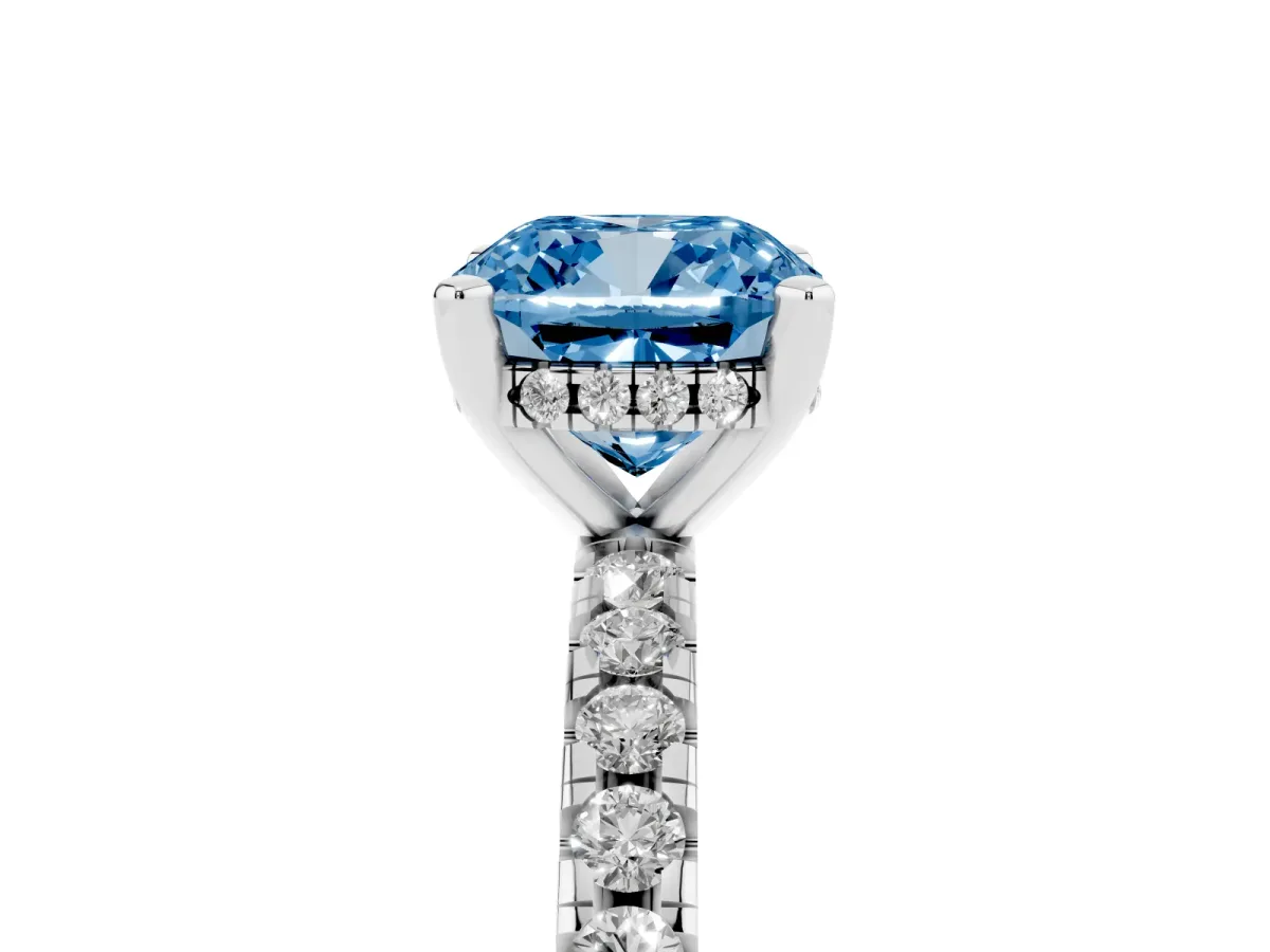 Fancy Blue Cushion Cut Diamond Solitaire Ring with Round Pavé Band and Four-Prong Setting Silver