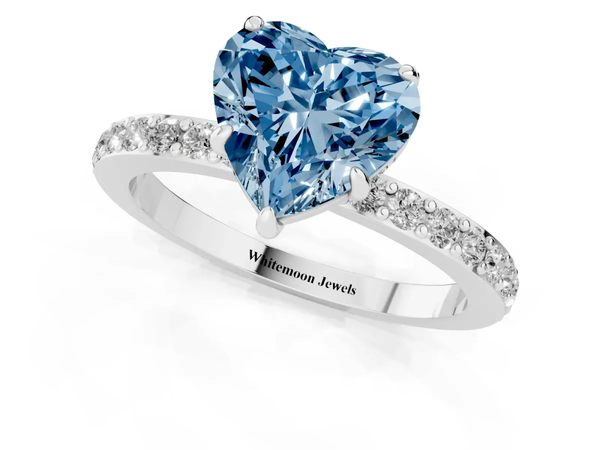 Fancy Blue Heart Cut Diamond Pavé Engagement Ring with Round Accents and Prong Setting Silver