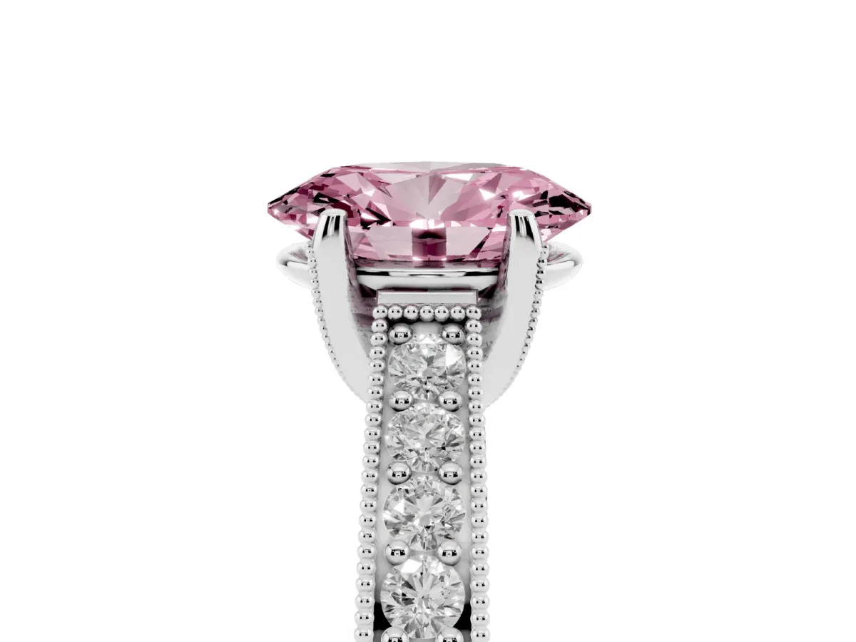 Fancy Pink Oval Cut Cut Diamond Solitaire Ring with Milgrain Pave Band and Four Prong Setting Silver