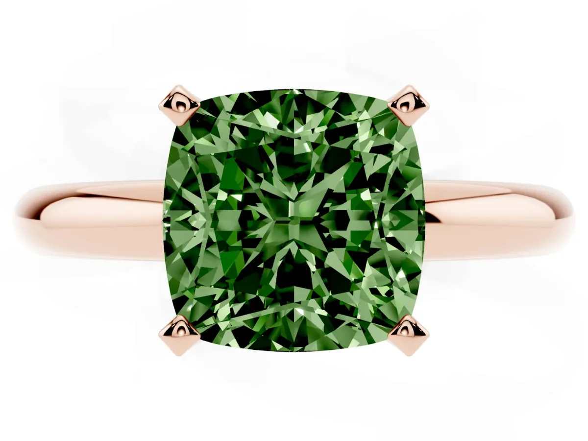 Fancy Green Cushion Cut Diamond Solitaire Engagement Ring with Round Band and Four-Prong Setting Rose gold