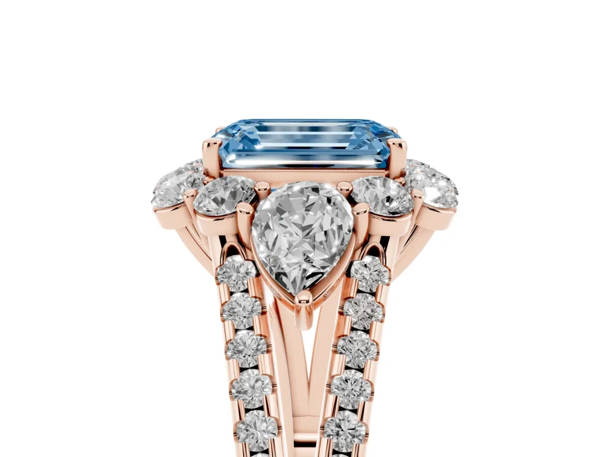 Fancy Blue Emerald Cut Halo Split Shank Diamond Engagement Ring with Prong Setting Rose gold