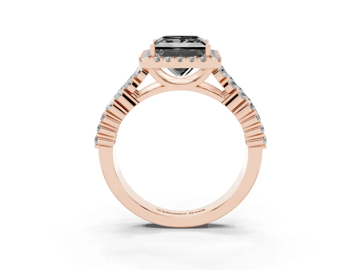 Fancy Black Princess Cut Diamond Halo Engagement Ring with Triple Row Round Pavé Band and Prong Setting Rose gold