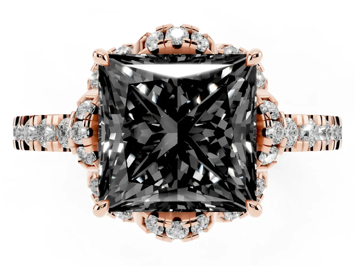 Fancy Black Princess Cut Diamond Halo Pave Band with Four-Prong Setting Rose gold