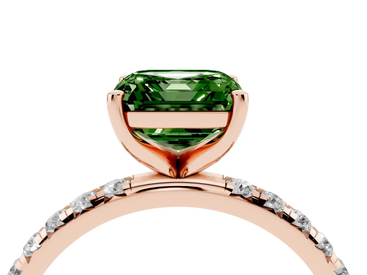 Fancy Green Asscher Cut Cut Diamond Solitaire Ring with Micro Pave Band and Four Prong Setting Rose gold