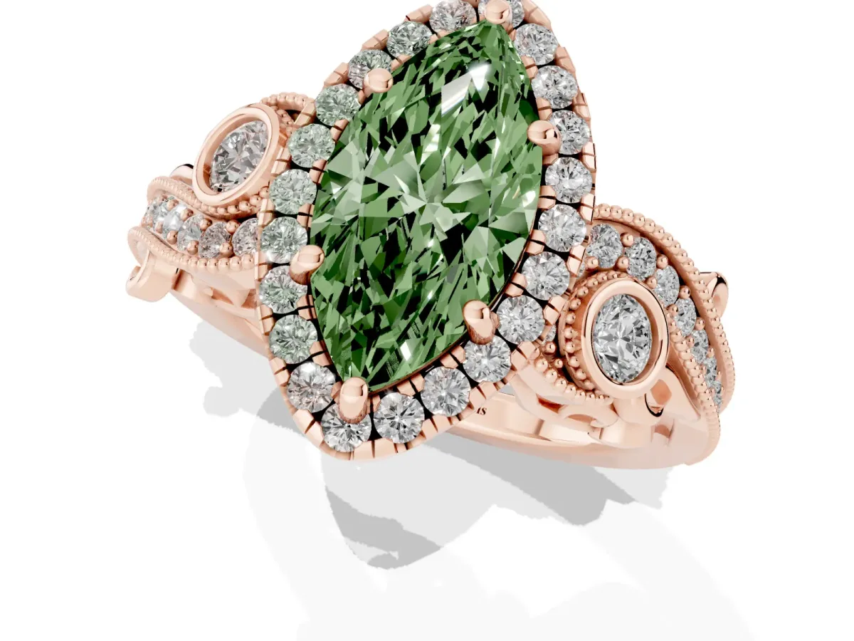 Fancy Green Marquise Cut Diamond Halo Ring with Milgrain Pavé Band and Four-Prong Setting Rose gold