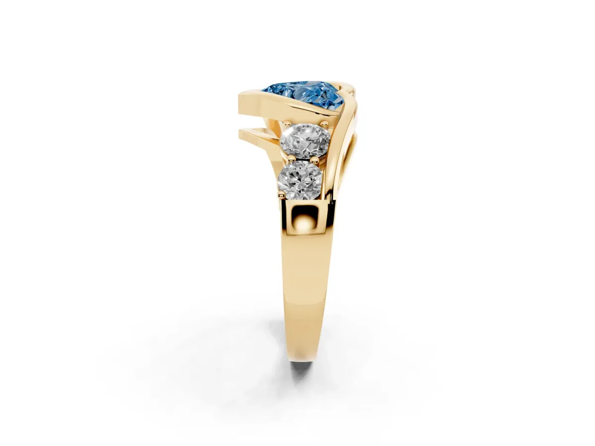 Fancy Blue Bezel Set Heart Cut Diamond Bypass Ring with Round Accents Yellow gold