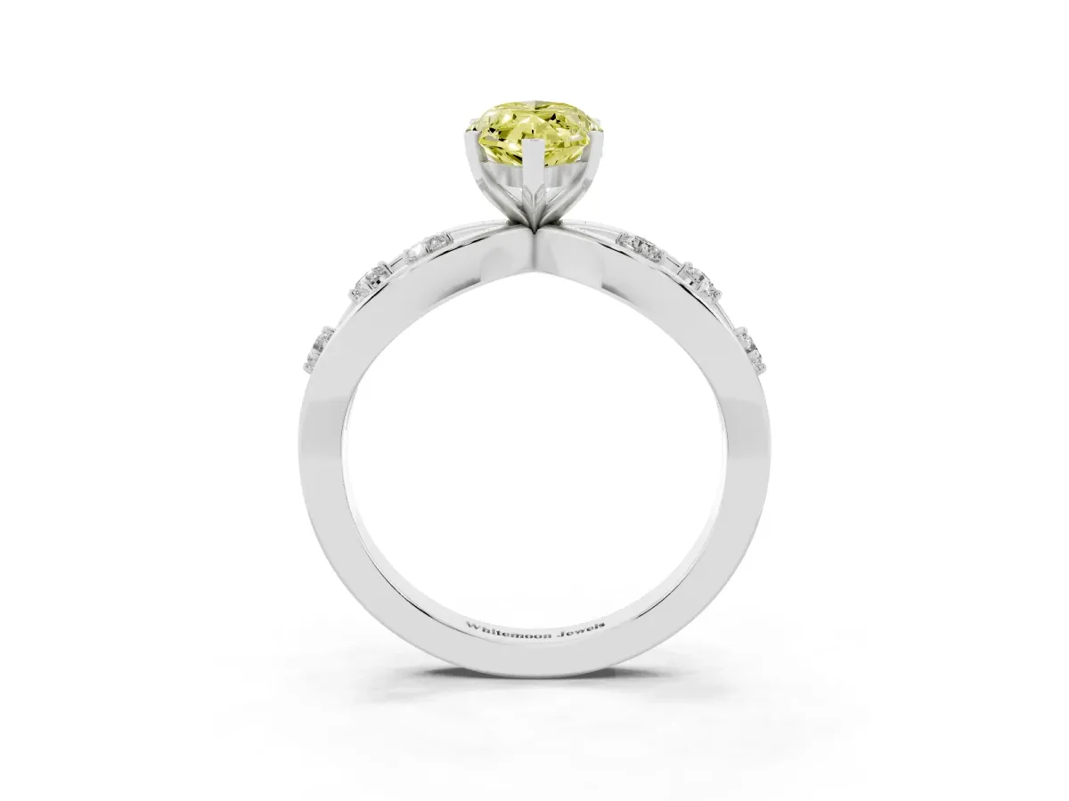 Fancy Yellow Marquise Cut Cut Solitaire Diamond with Side Stones on Criss-Cross Band and Four-Prong Setting Platinum