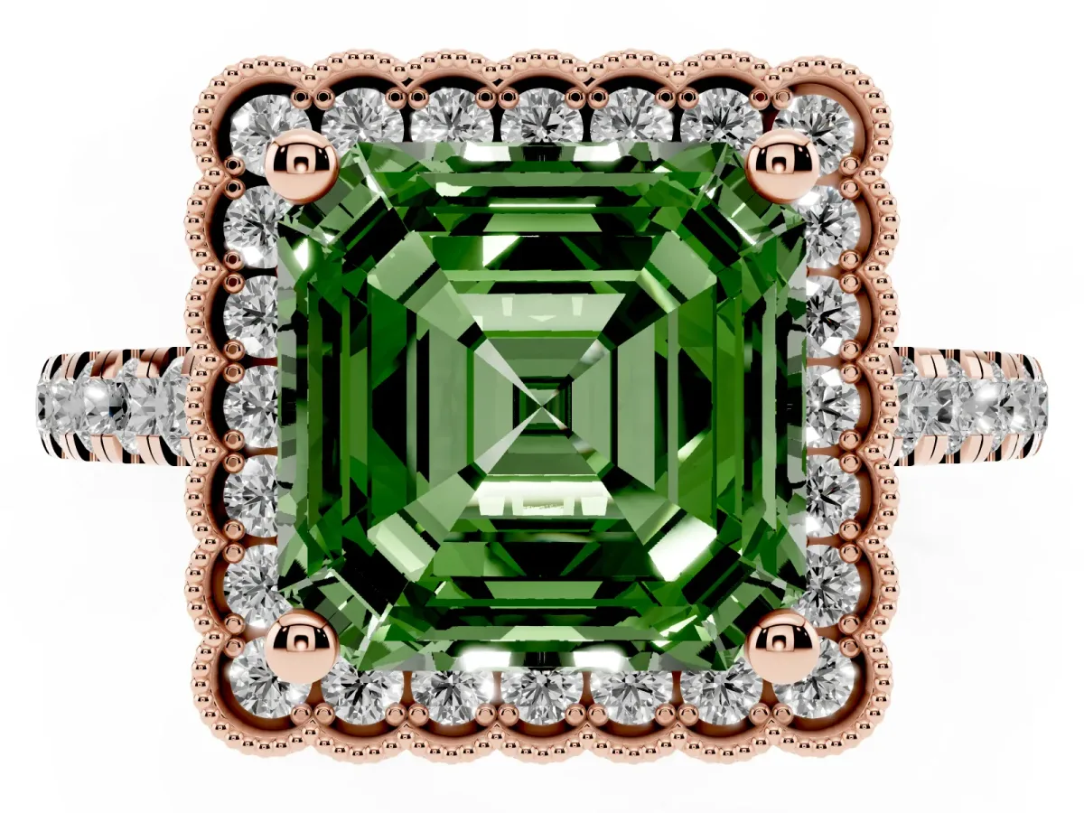 Fancy Green Asscher Cut Cut Diamond Milgrain Floral Halo Engagement Ring with Pavé Band Rose gold
