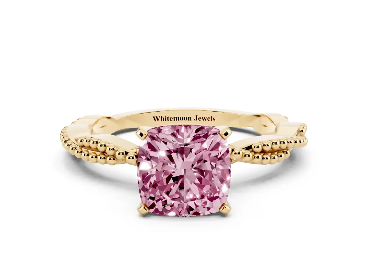 Fancy Pink Cushion Cut Solitaire Twisted Band with Bead Prong Setting Yellow gold