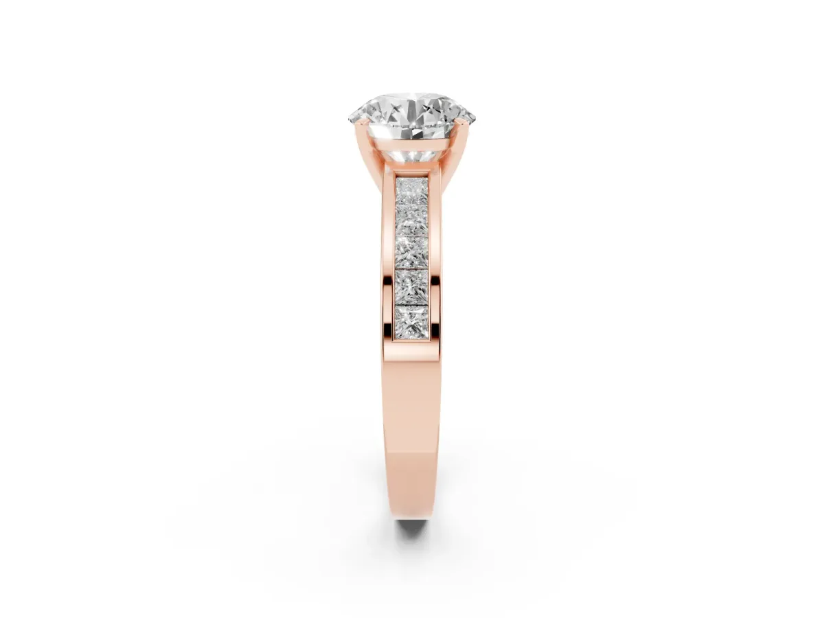 Round Cut Solitaire Diamond Ring with Channel-Set Band and Four-Prong Setting Rose gold