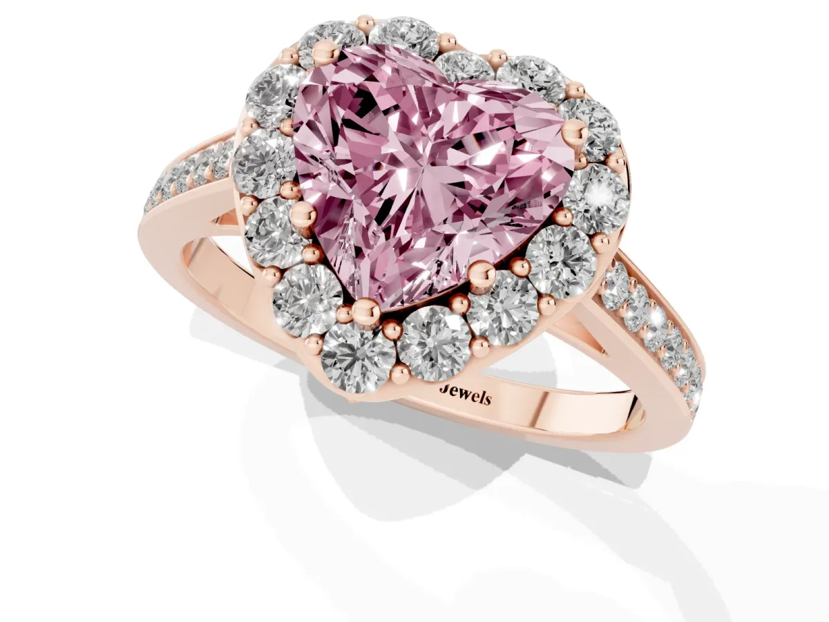Fancy Pink Heart Cut Diamond Floral Halo Ring with Pavé Band and Prong Setting Rose gold