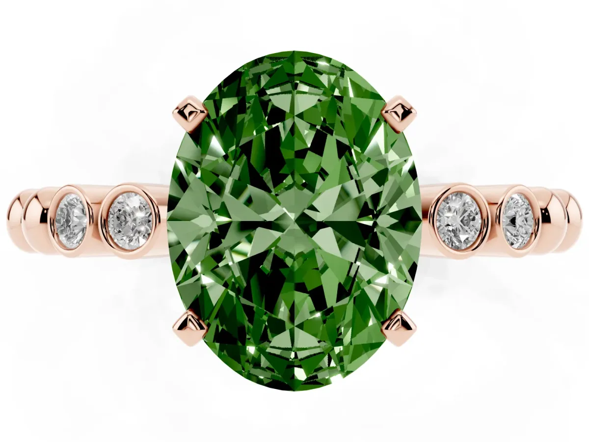 Fancy Green Oval Cut Solitaire Bezel Accent Diamond Engagement Ring with Beaded Band and Four-Prong Setting Rose gold