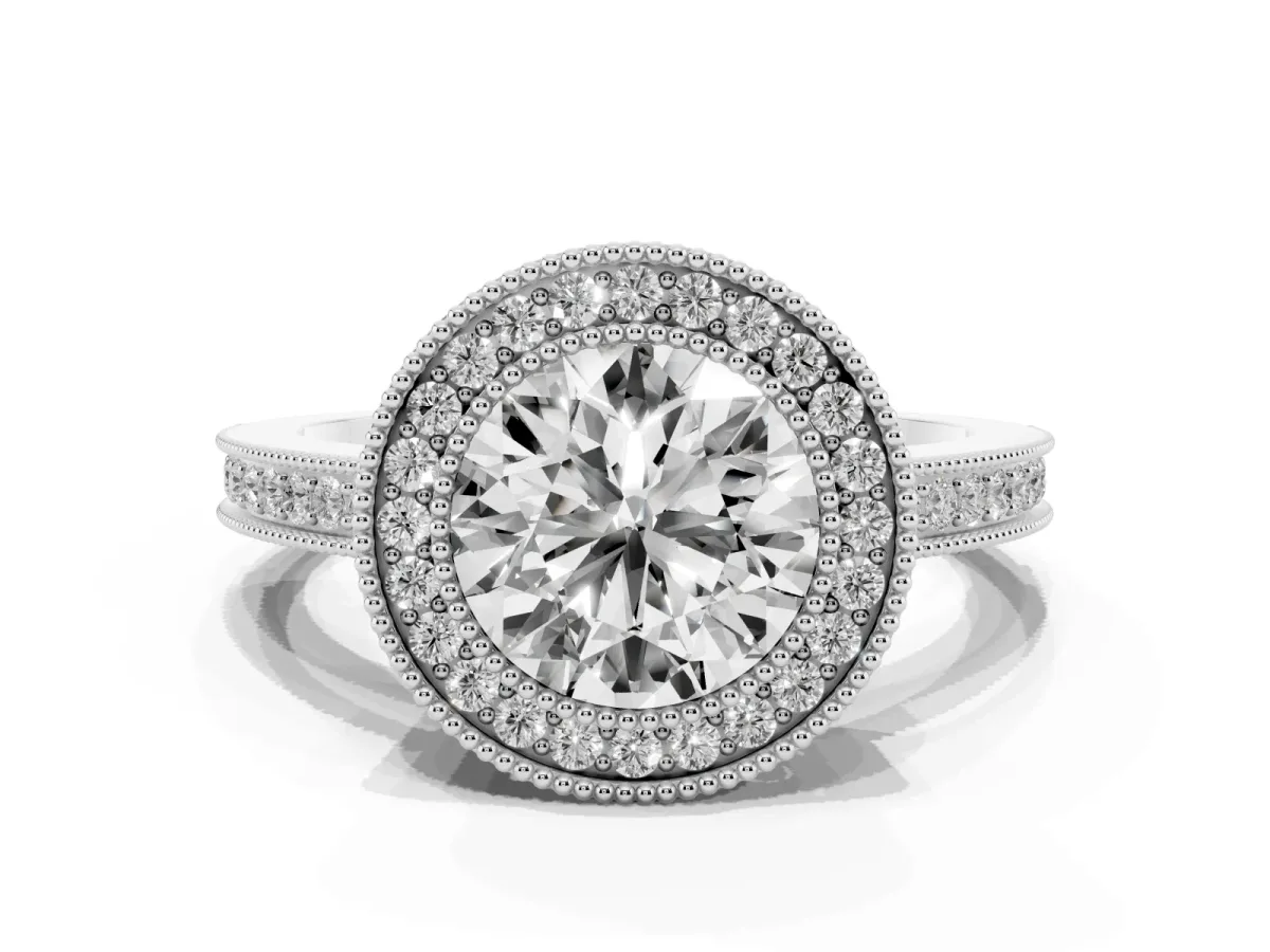 Round Cut Cut Halo Diamond Ring with Pavé Band and Milgrain Prong Setting Silver