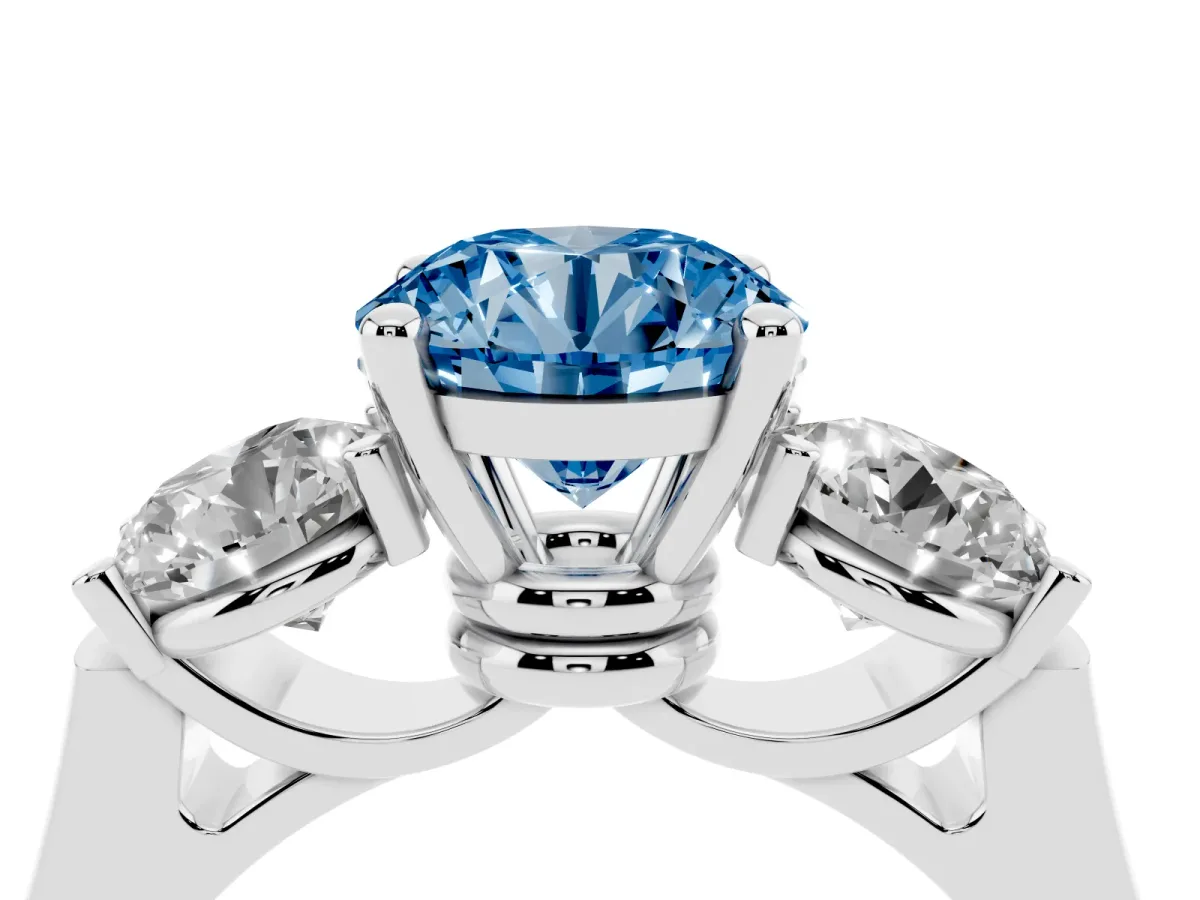 Fancy Blue Three-Stone Round Cut Brilliant Diamond Trellis Ring with Comfort Fit Band Platinum