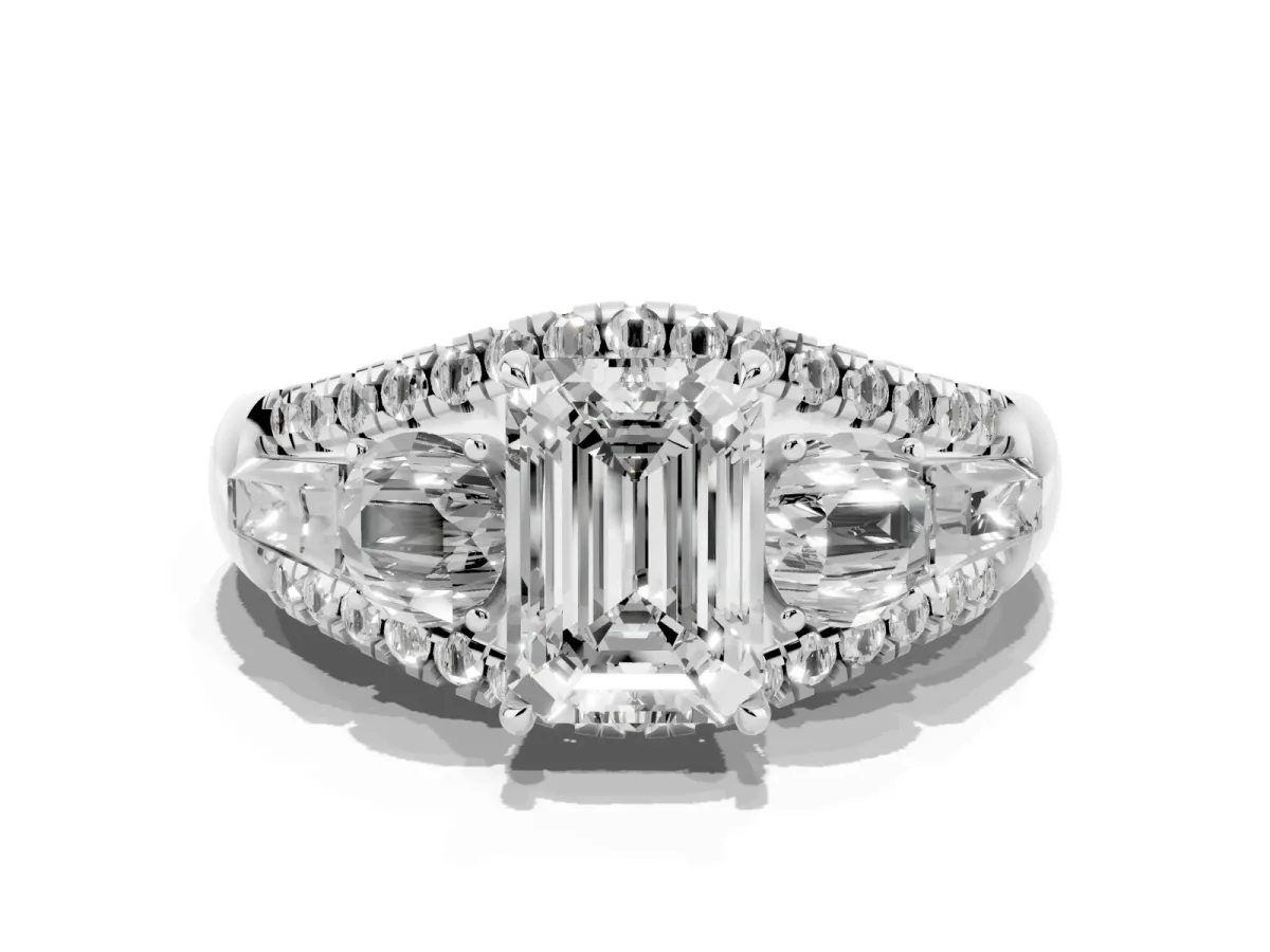 Three-Stone Emerald Cut Diamond Engagement Ring with Pave Band and Prong Setting Silver