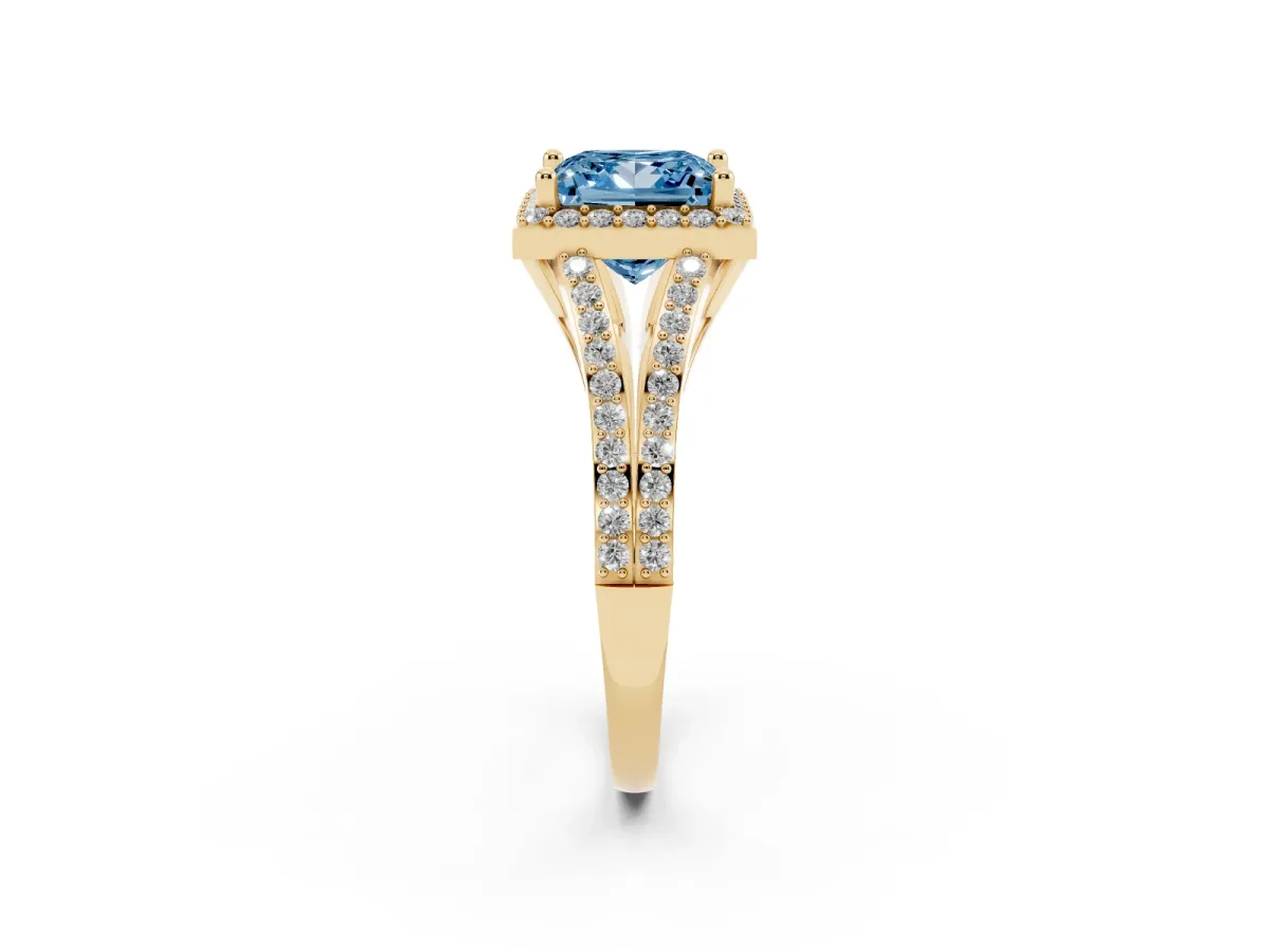 Fancy Blue Princess Cut Halo Split Shank Diamond Ring with Prong Setting Yellow gold