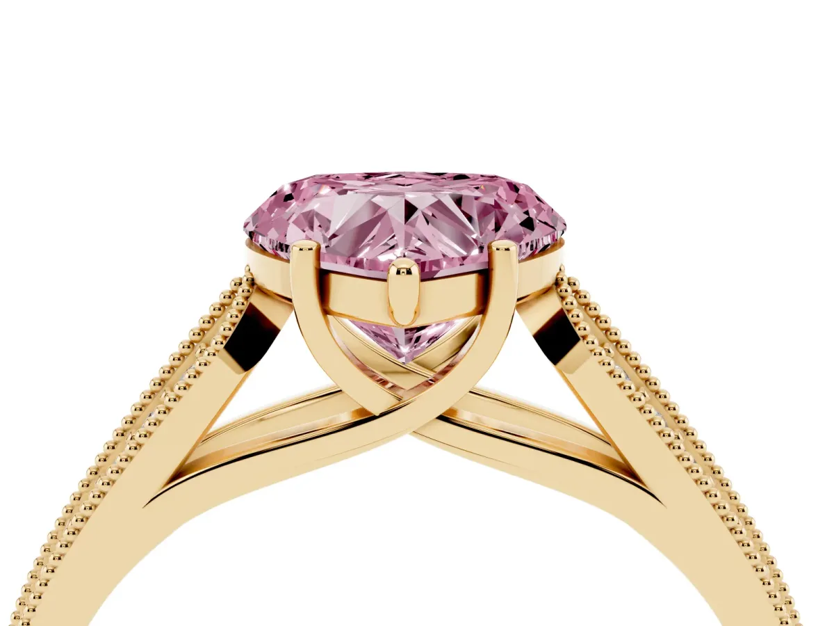 Fancy Pink Heart Cut Cut Pave Split Shank Engagement Ring with Four-Prong Setting Yellow gold