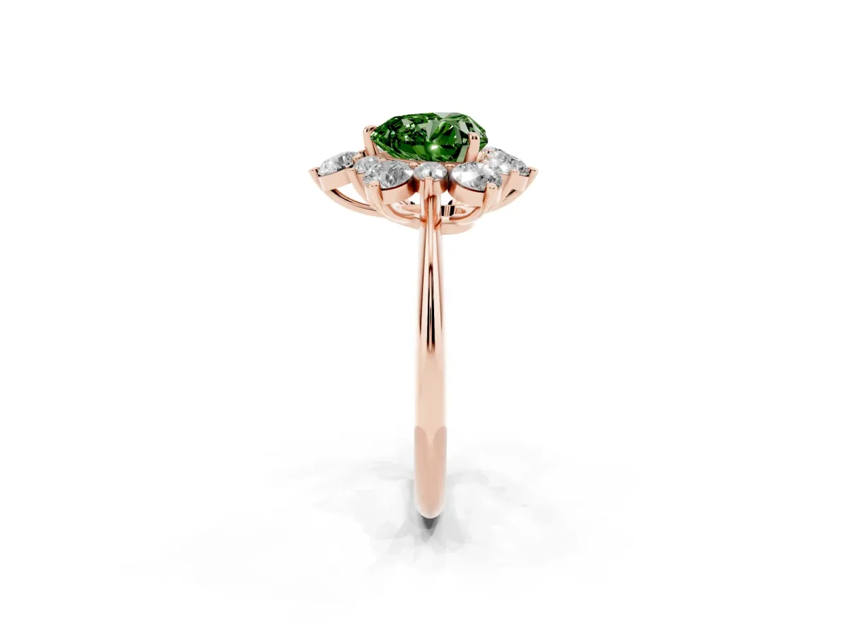 Fancy Green Heart Cut Diamond Cluster Halo Ring with Solitaire Band and Four-Prong Setting Rose gold