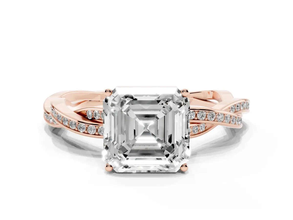 Asscher Cut Solitaire Twisted Pave Diamond Ring with Four-Prong Setting Rose gold