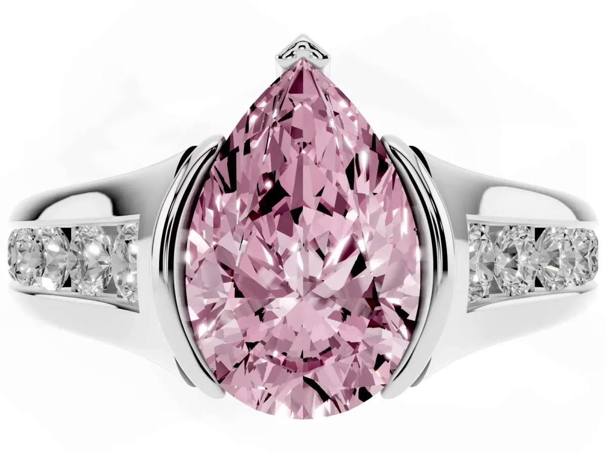 Fancy Pink Pear Cut Solitaire Bezel-Set Diamond Ring with Channel-Set Band Silver