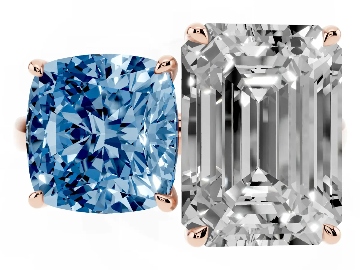 Fancy Blue Cushion Cut and Emerald Cut Toi Moi Ring with Prong Setting Rose gold