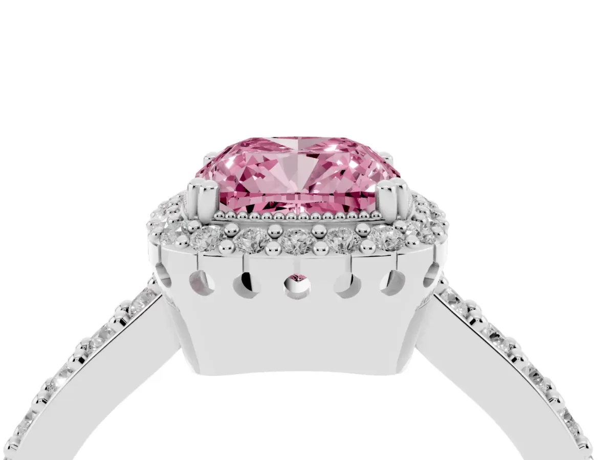 Fancy Pink Cushion Cut Cut Diamond Halo Engagement Ring with Milgrain Detail and Pavé Band Platinum