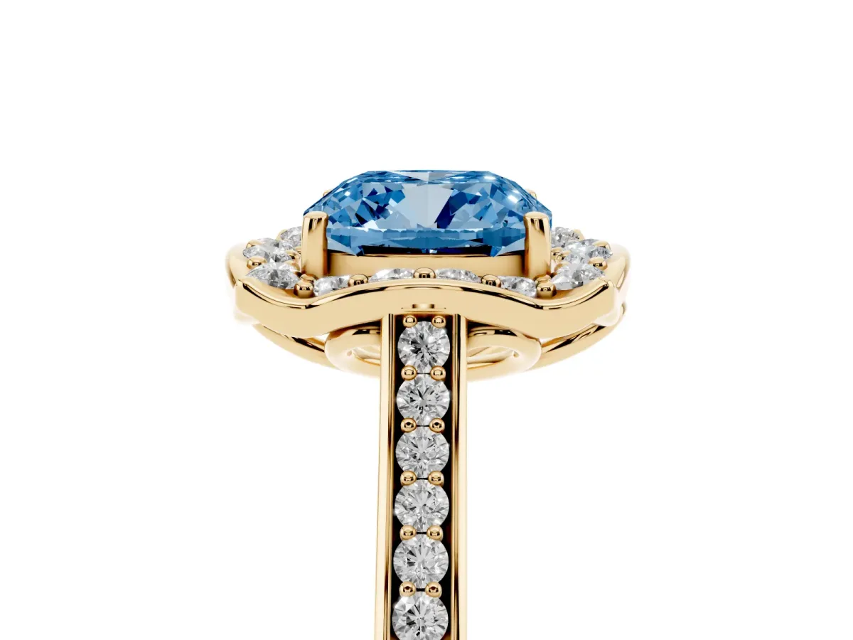 Fancy Blue Cushion Cut Halo Round Diamond Pave Band with Four-Prong Setting Yellow gold