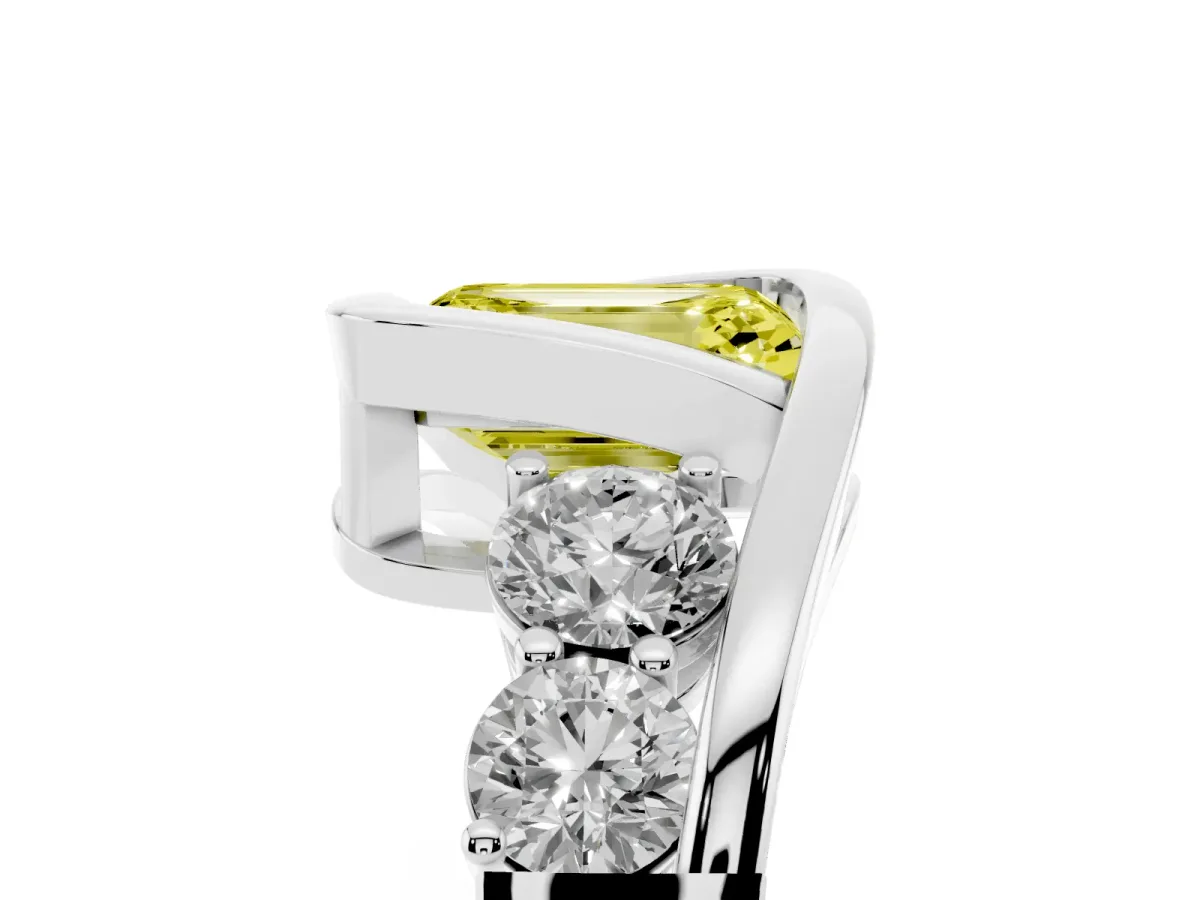 Fancy Yellow Bezel Set Emerald Cut Diamond Bypass Ring with Round Accents Silver