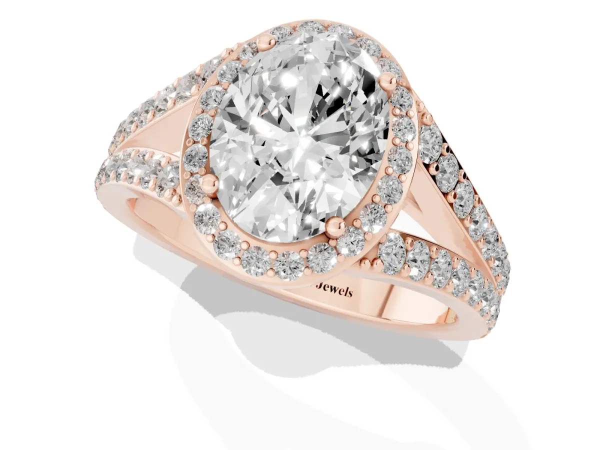 Oval Cut Diamond Split Shank Halo Ring with Four-Prong Setting Rose gold