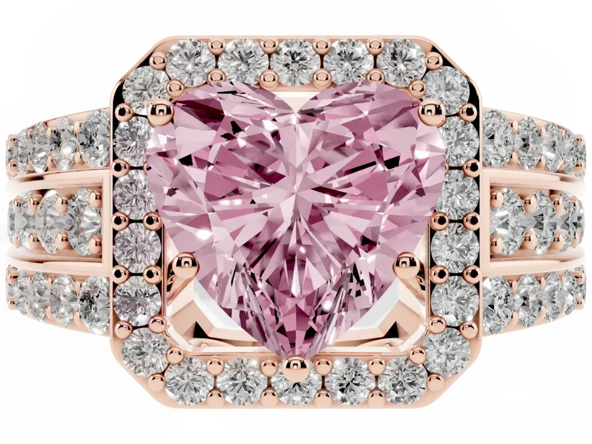 Fancy Pink Heart Cut Halo Diamond Ring with Round Split Shank and Prong Setting Rose gold