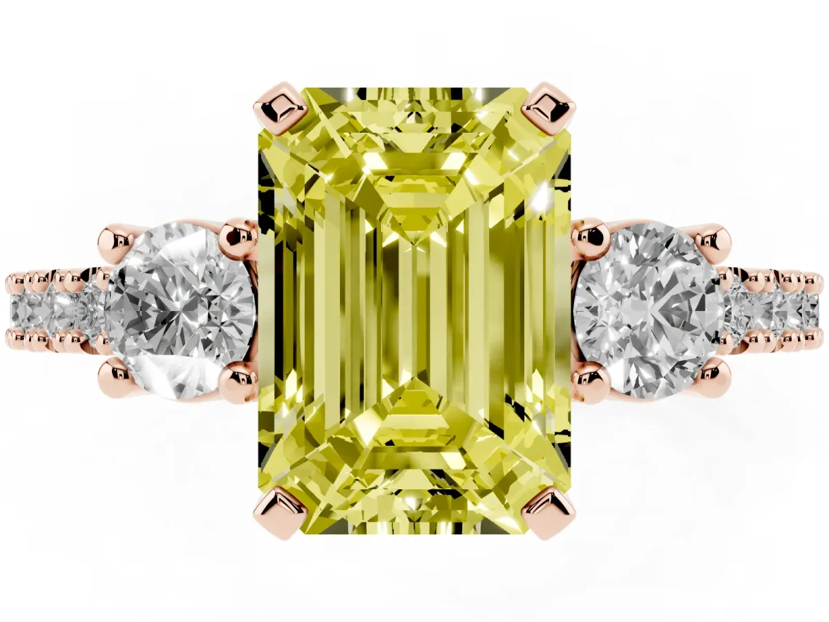 Fancy Yellow Emerald Cut Three-Stone Diamond Pavé Band with Prong Setting Rose gold