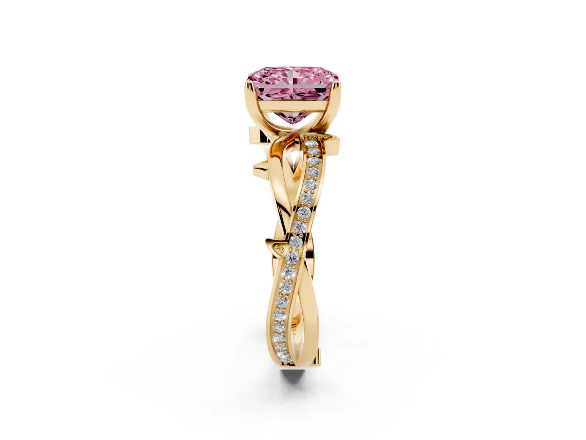 Fancy Pink Radiant Cut Solitaire Twist Band with Pavé Accents and Four-Prong Setting Yellow gold