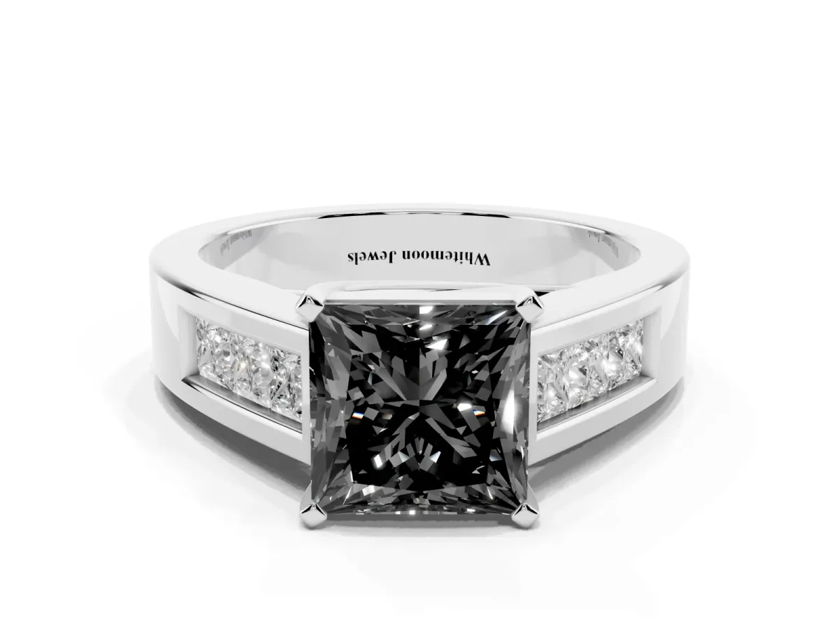 Fancy Black Princess Cut Cut Channel Set Solitaire Ring with Four-Prong Setting Silver