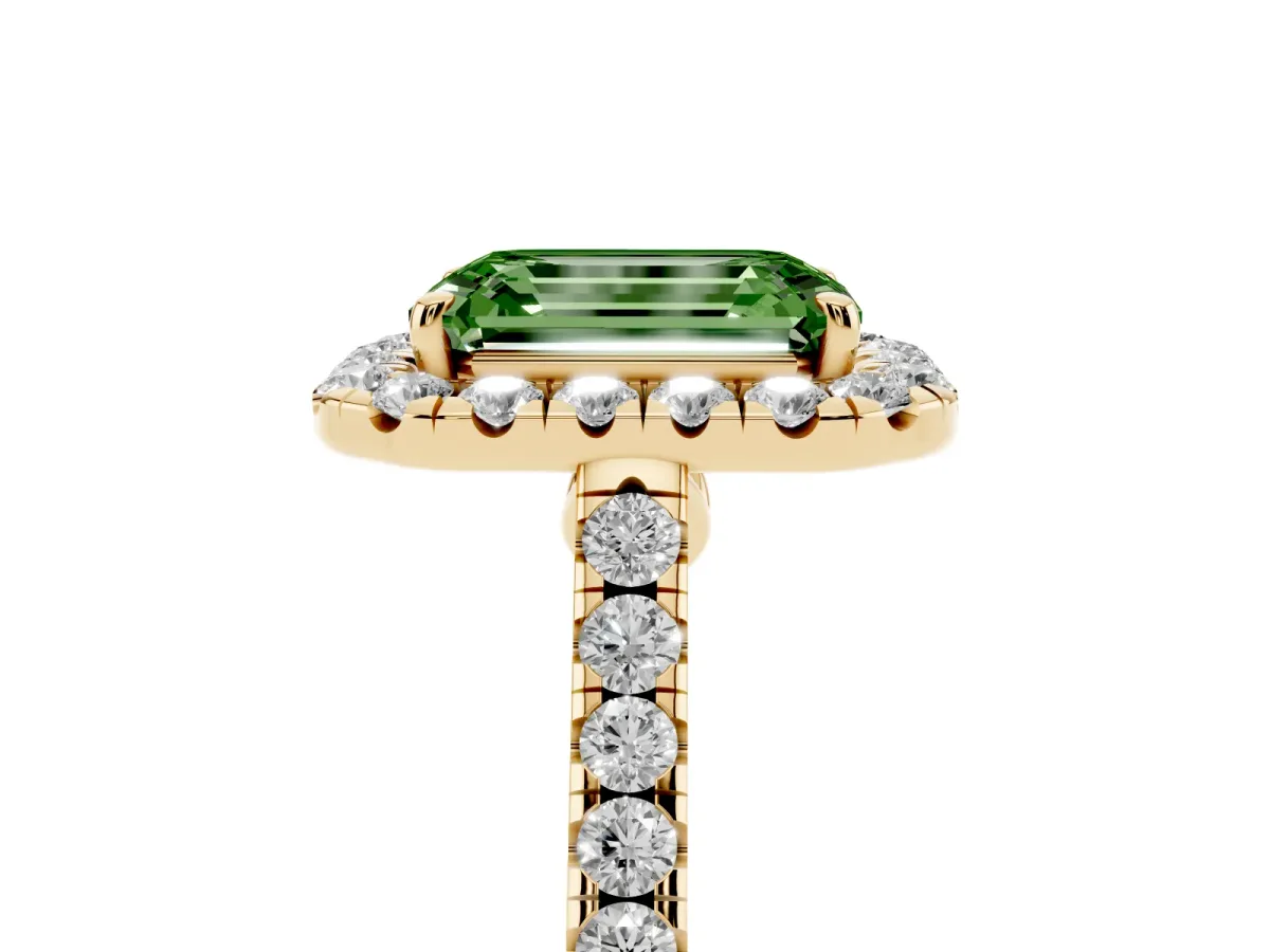 Fancy Green Emerald Cut Halo Pave Diamond Engagement Ring with Four-Prong Setting Yellow gold