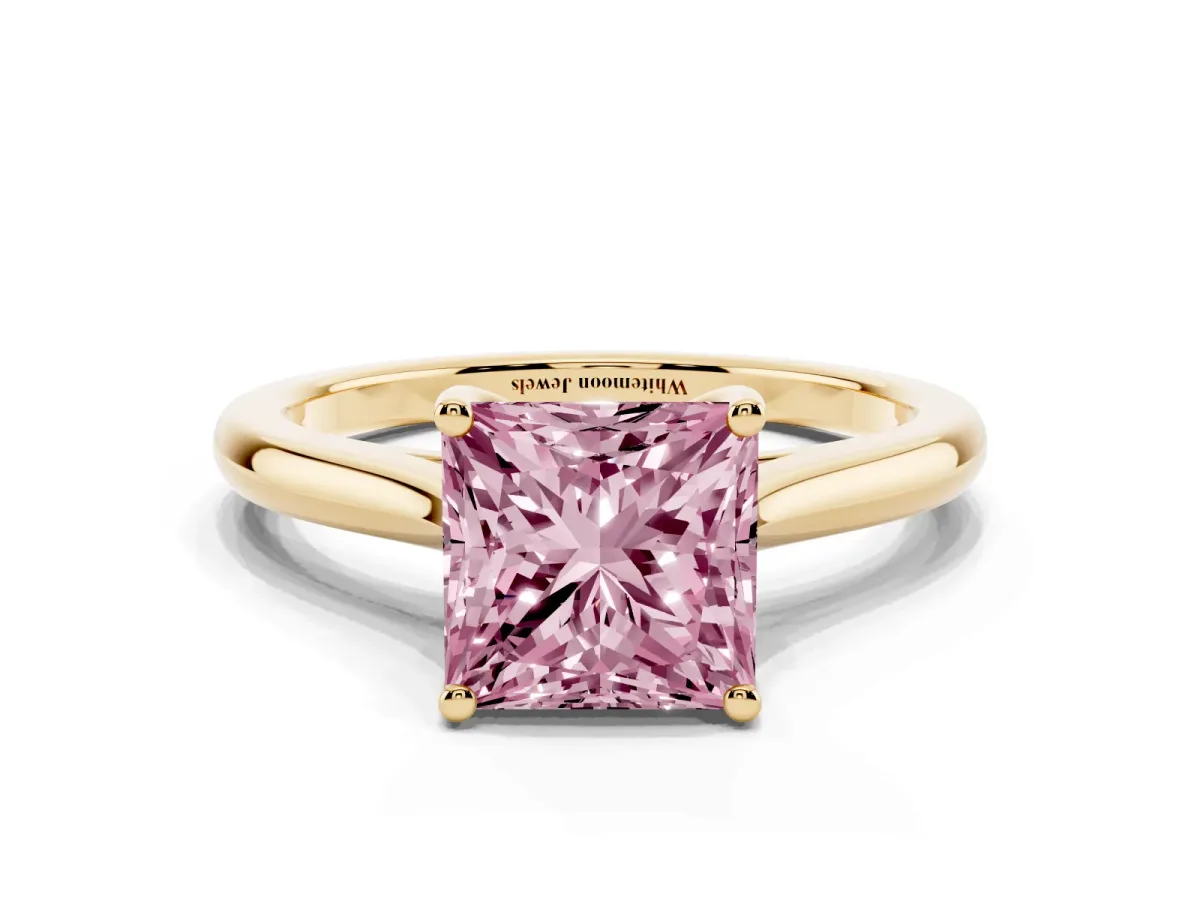 Fancy Pink Princess Cut Cut Solitaire Ring with Cathedral Band and Four-Prong Setting Yellow gold