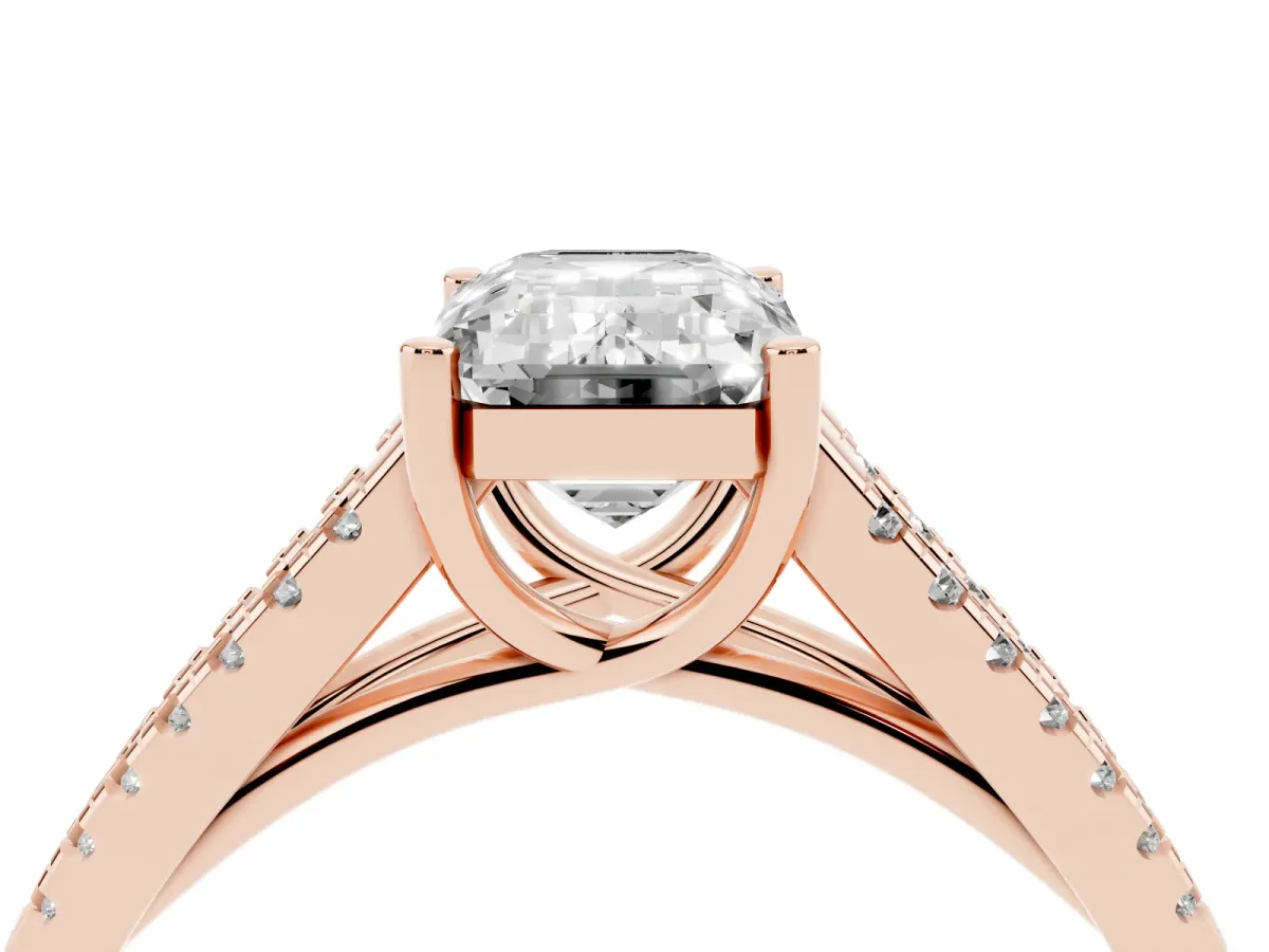 Emerald Cut Diamond Solitaire Engagement Ring with Split Shank Pavé Band Rose gold