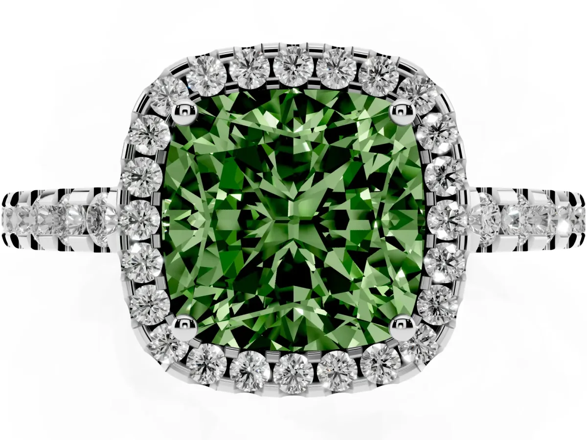 Fancy Green Cushion Cut Diamond Halo Engagement Ring with Pavé Band and Prong Setting Silver